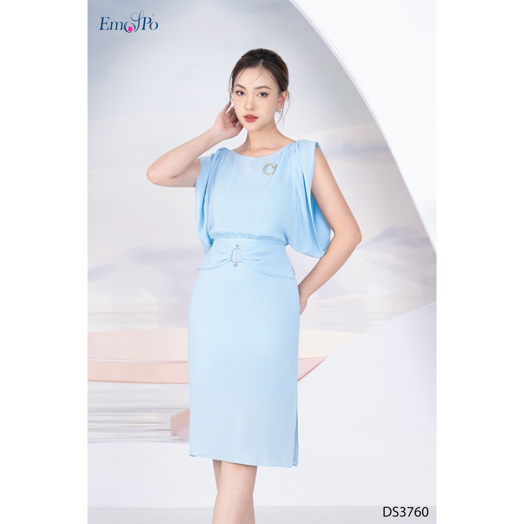 Đầm ôm gấp ly vai, tay ống rộng, đai eo liền rúm nơ Emspo DS3760