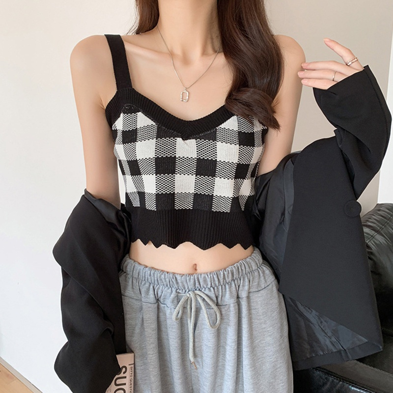 Áo Croptop Dệt Kim Không Tay Cổ Chữ V Họa Tiết Kẻ Sọc Ca Rô Quyến Rũ Cho Nữ