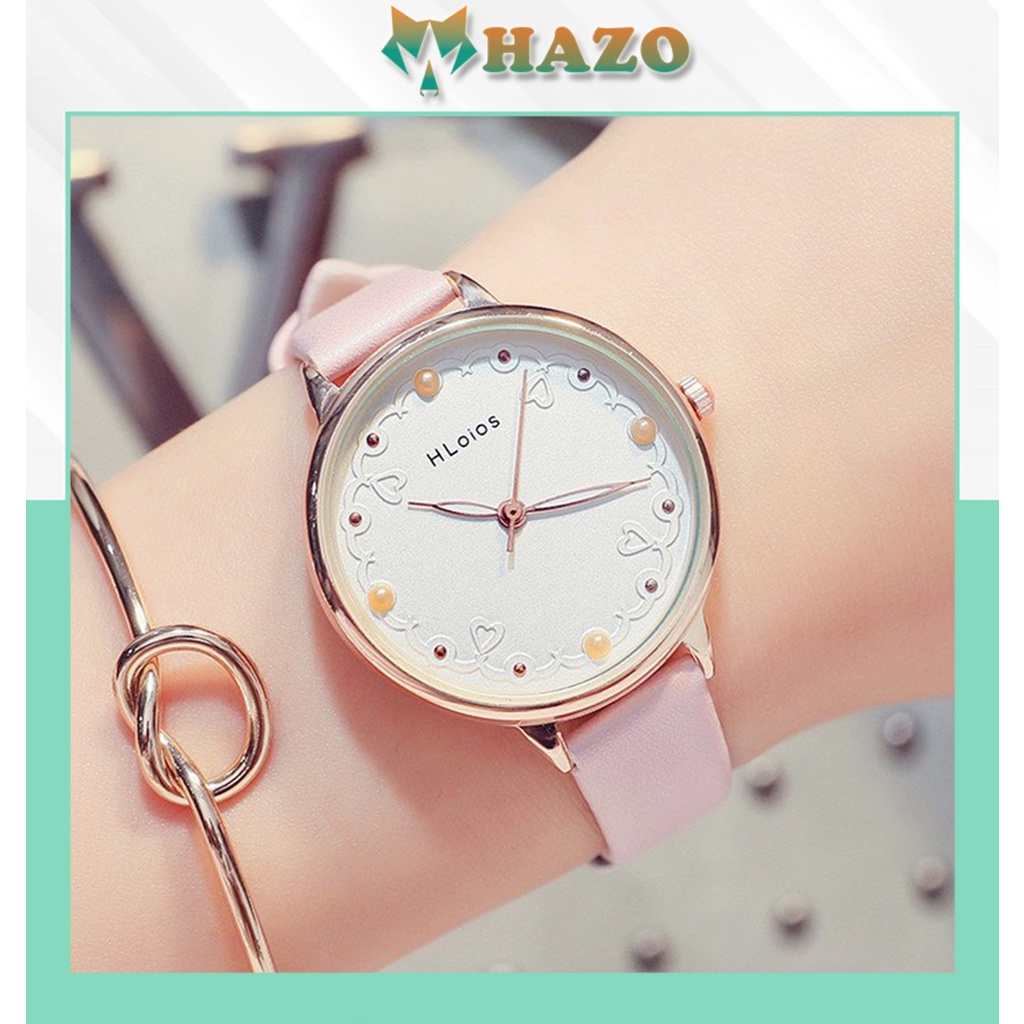 [Cực Đẹp] Đồng Hồ Nữ Dây Da Hloios Chấm Bi Love Cực Đẹp - Hazo