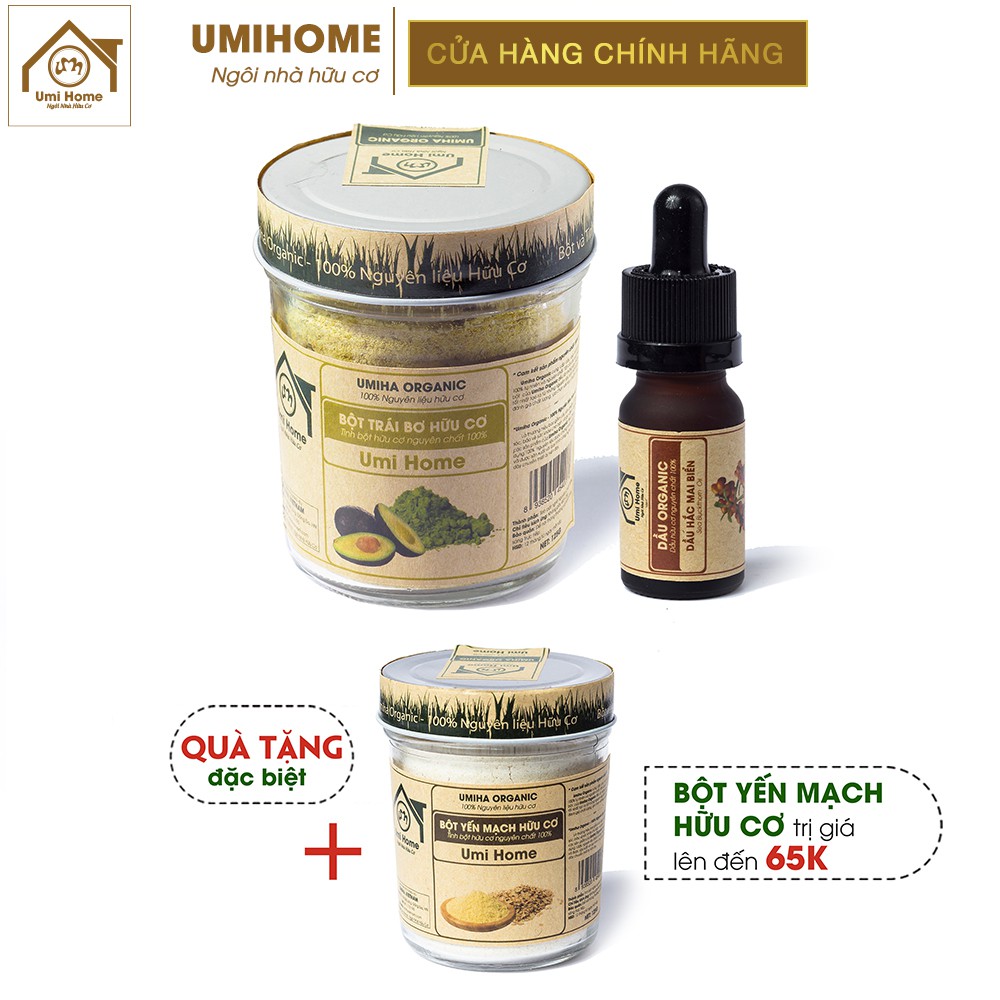 Combo Dưỡng Da Cháy Nắng và Phục Hồi Hư Tổn UMIHOME gồm Dầu Hắc Mai Biển 10ml, Bột Trái Bơ 125g-Tặng Bột Yến Mạch 125g