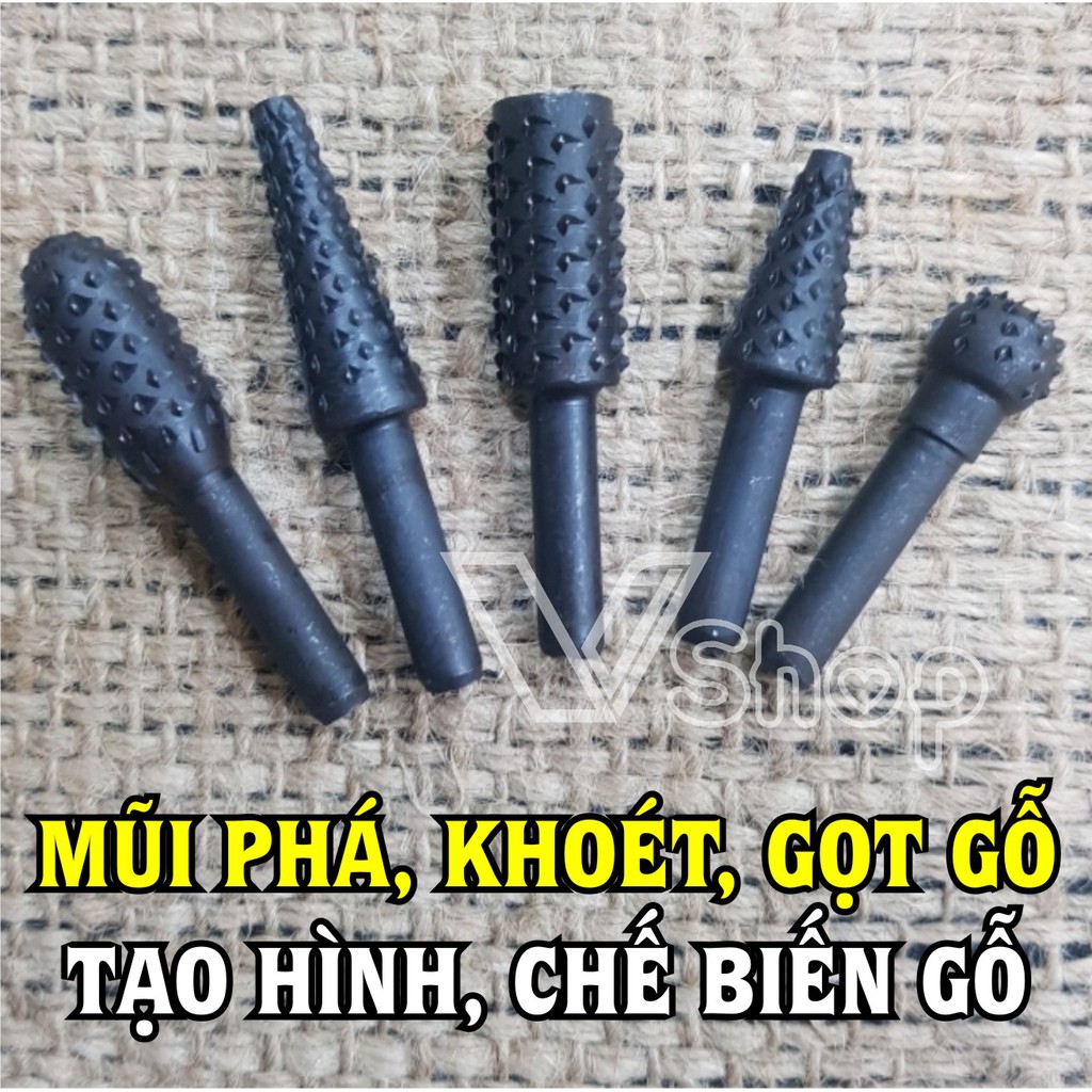 Mũi khoét, gọt, mài, chế tác gỗ, tạo hình, làm tượng, lũa, bonsai. Bộ, 5 mũi, đuôi 6,2mm