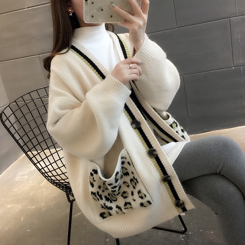 Áo khoác cardigan len dáng dài- áo cadigan mùa đông họa tiết túi hình báo hàng QCCC A97 SUTANO