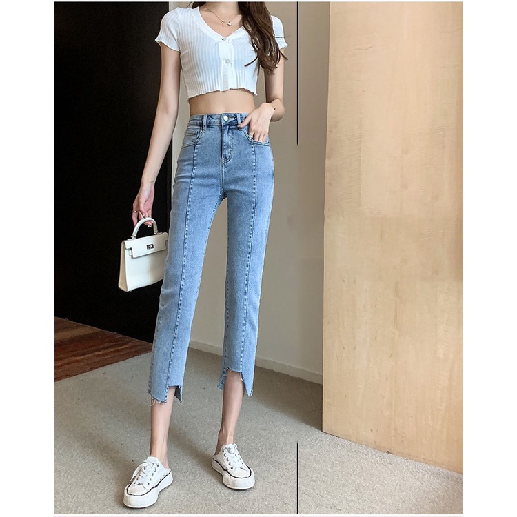 Quần jean 9 tấc Size To phom Baggy/boyfriend LAI RÁCH KIỂU co dãn mạnh, lưng cao, kiểu ống ống quần có sọc giữa 4145