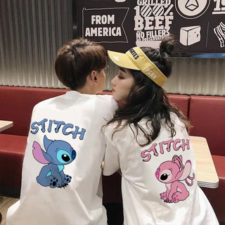 Áo thun đôi stich in lưng siêu cute , phom rộng chất cotton 45 thoáng mát