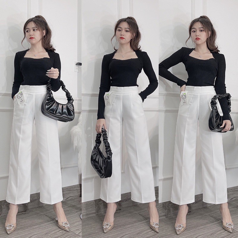 Quần tây ống rộng KC House quần tây lưng cao công sở 3 màu trắng nude đen chất vải tuyết mưa