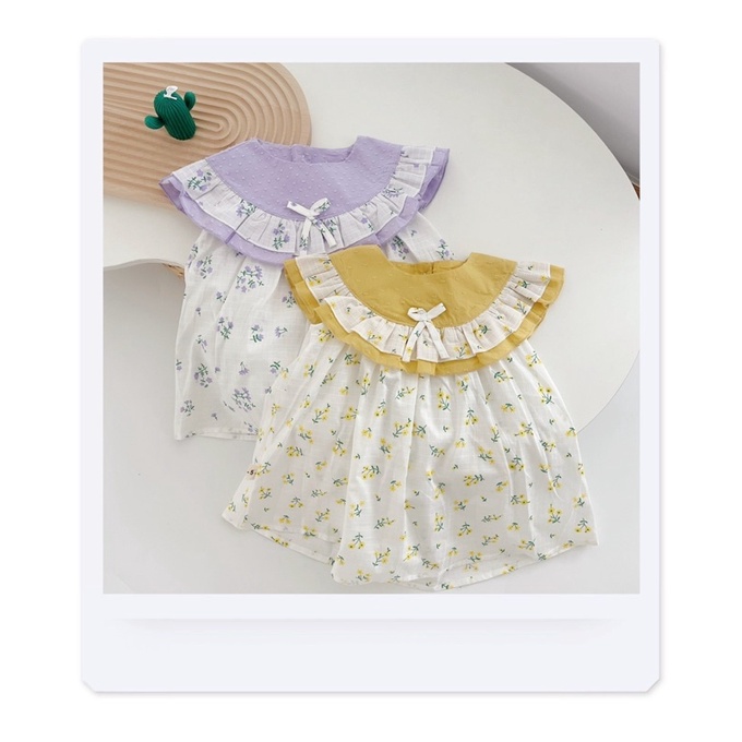 Váy hoa nhí cổ bèo vàng tím cho bé gái (9-21kg)