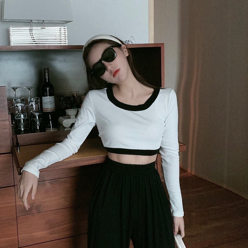 Áo thun dài tay croptop viền kẻ đen/ trắng, áo mặc thu đông <55kg