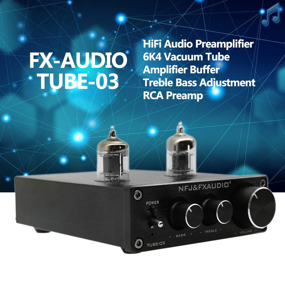 BY FX-AUDIO TUBE-03 Mini HiFi Audio Preamplifier 6K4 Vacuum Tube Amplifier Buffer Treble Bass Adjustment RCA Preamp Black US Plug