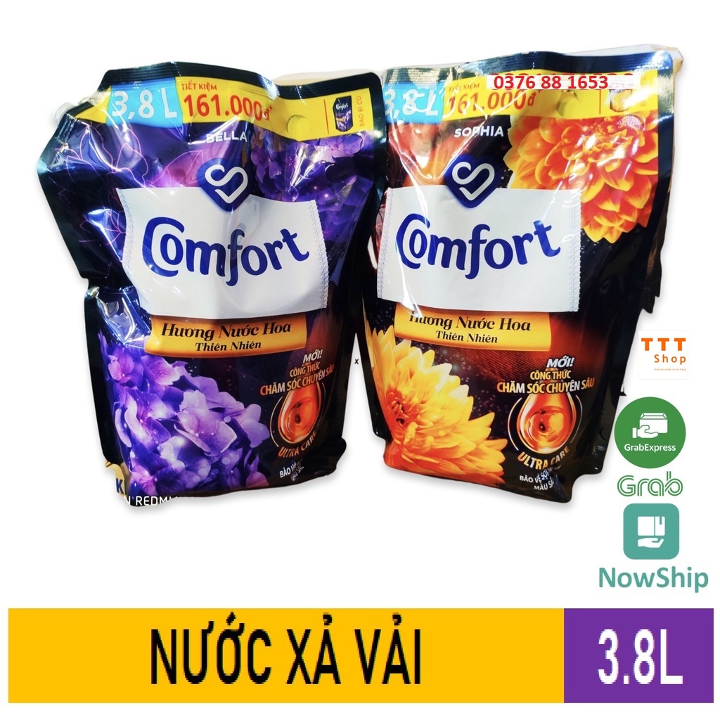 Túi Nước Xả Vải Comfort 3.8L Hương Nước Hoa Thiên Nhiên Bella (Tím Đen) Sophia (Vàng Đen)