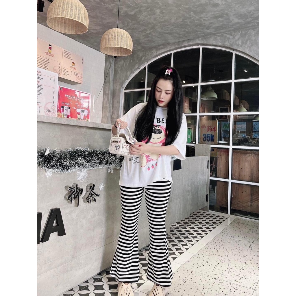 Set bộ gấu pink quần ống loe thun gân free size