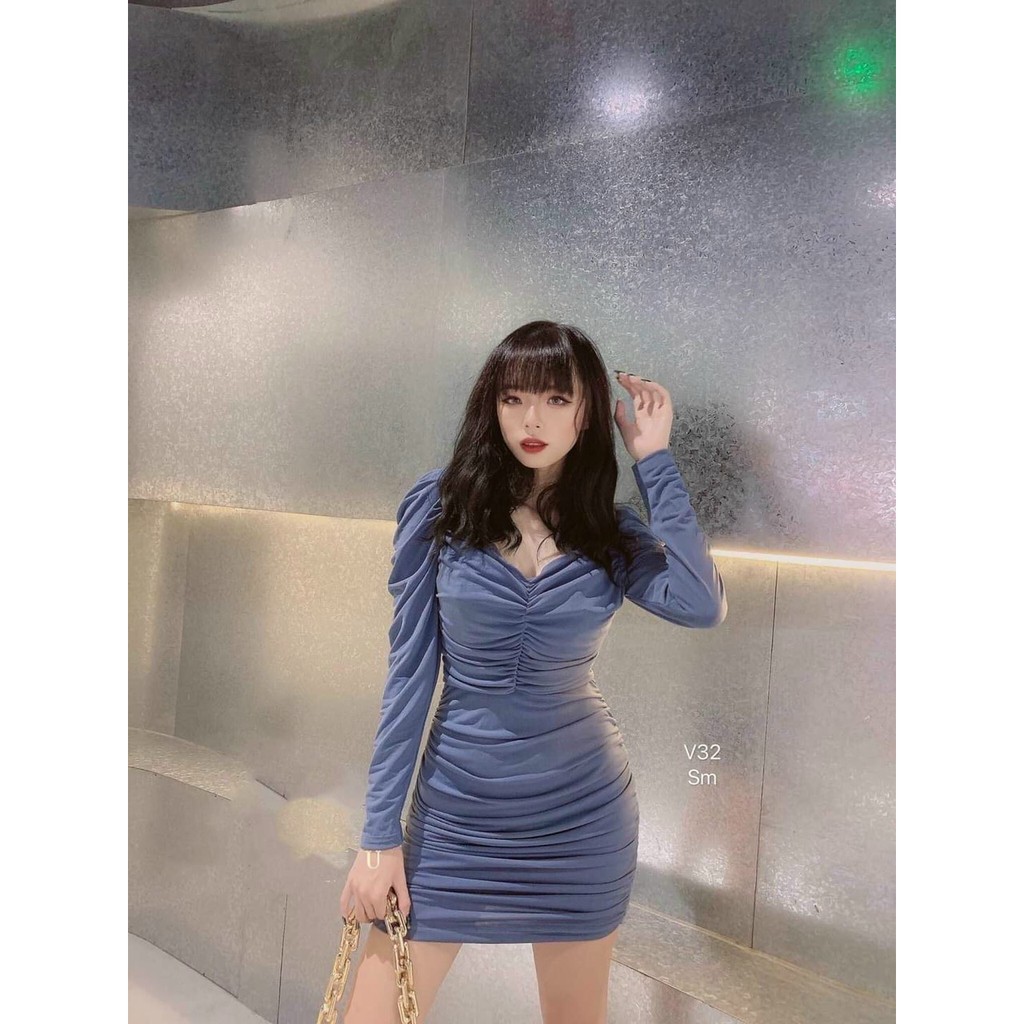 Váy đầm nữ body tay dài nhún thân HT71 AM