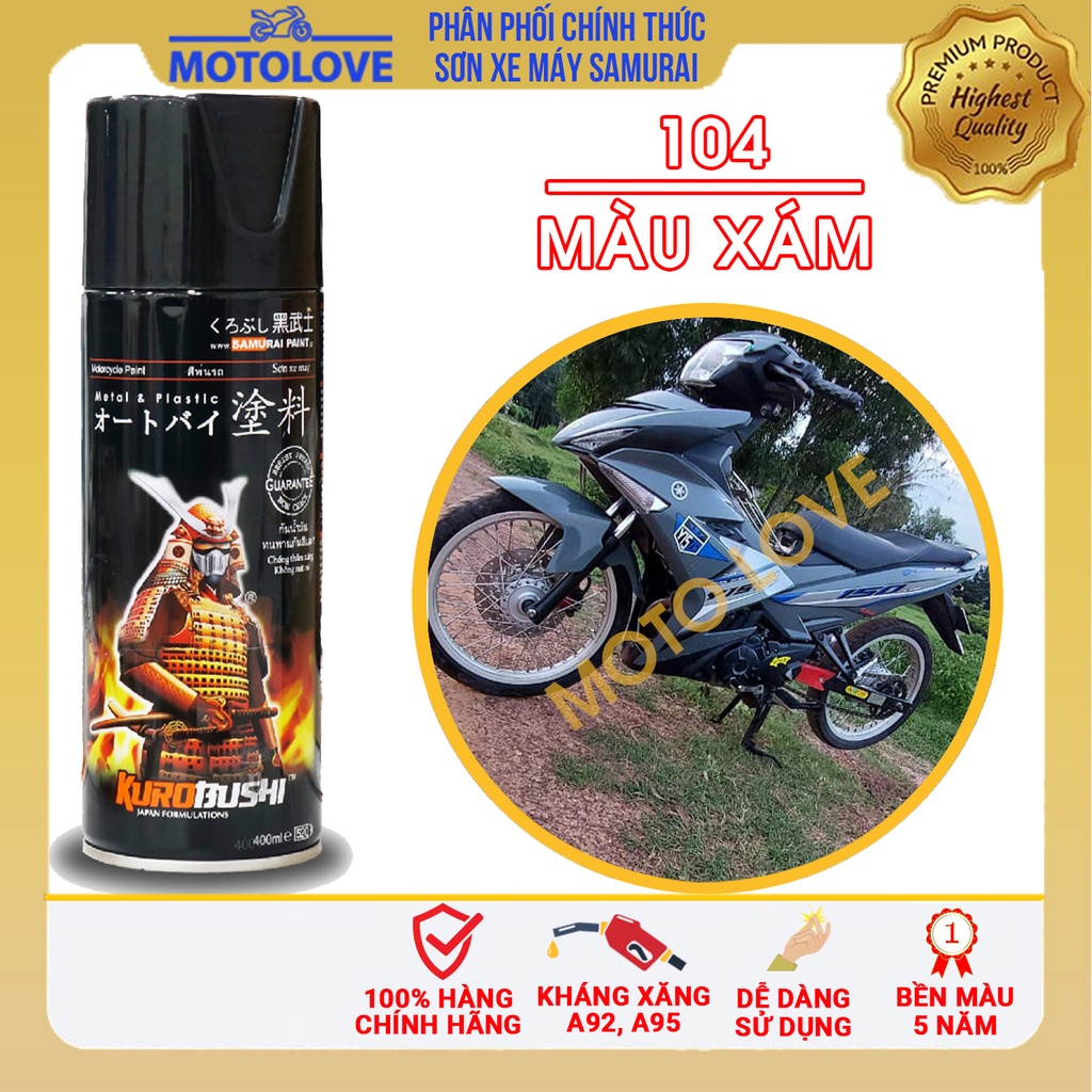 Sơn Samurai màu xám 104 - chai sơn xịt cao cấp nhập khẩu từ Malaysia.