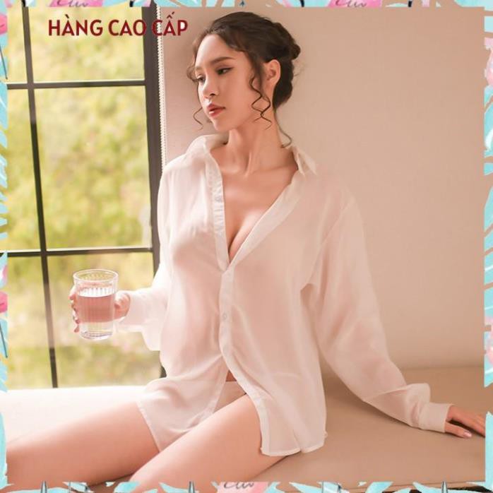 Áo ngủ sơ mi màu trắng tinh khôi với chất liệu voan cát xuyên thấu quyến rũ Thư Thư [HÀNG CAO CẤP]