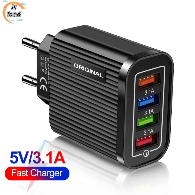 Củ Sạc Nhanh 4 Cổng Usb 5V / 3A Có Đèn Led Phích Cắm US / EU Cho Điện Thoại