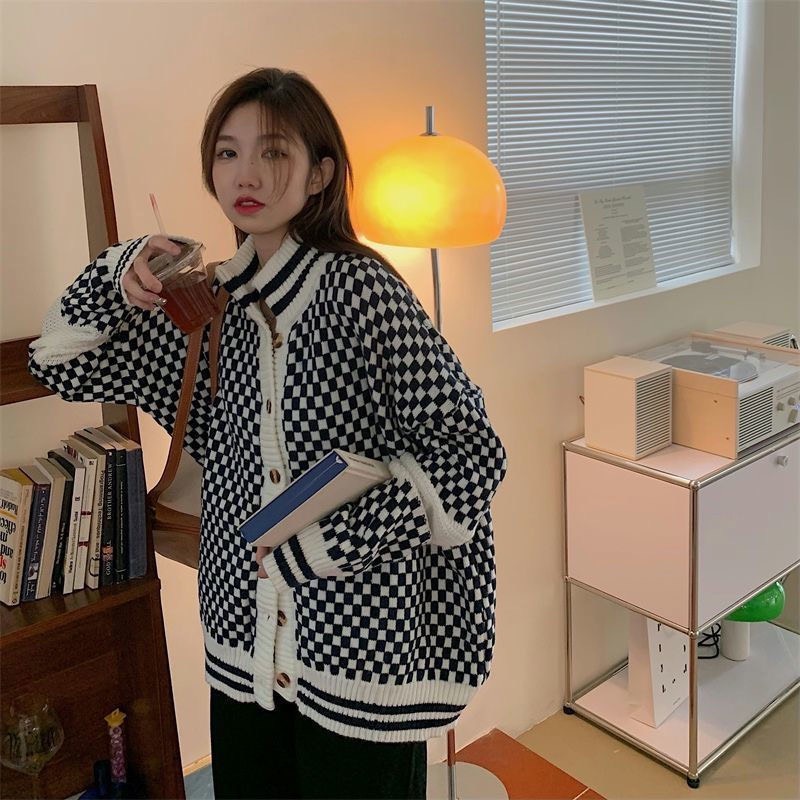 Cardigan Len Nữ Form Rộng, Áo Khoác Cardigan Kẻ Caro Cao Cổ Mùa Đông Mặc Cực Ấm Phong Cách Hàn Quốc