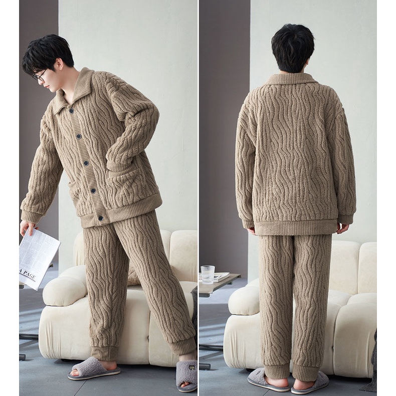 Bộ Đồ Ngủ Bằng Vải Flannel Dày Dặn Ấm Áp Màu Trơn Thời Trang Mùa Đông Dành