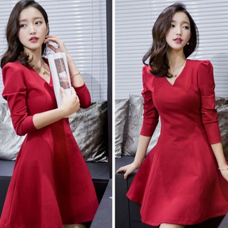 Đầm đỏ nữ dáng xòe, váy thời trang thắt eo cổ chữ v xinh xắn