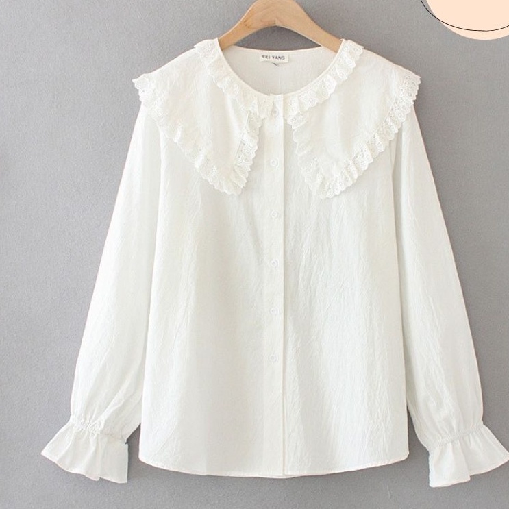 Áo sơ mi cổ bèo viền ren độc đáo. Áo babydoll cổ bản to phối ren dài tay bồng chất mát