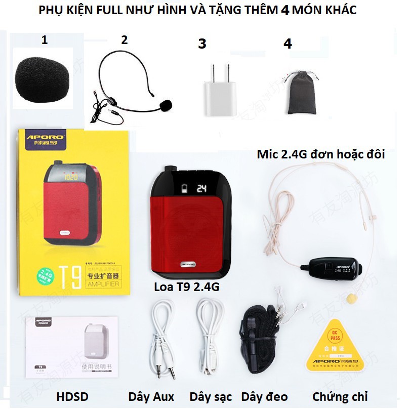 Loa trợ giảng không dây Aporo T9 2.4G mic hạt gạo siêu nhỏ HOT 2019