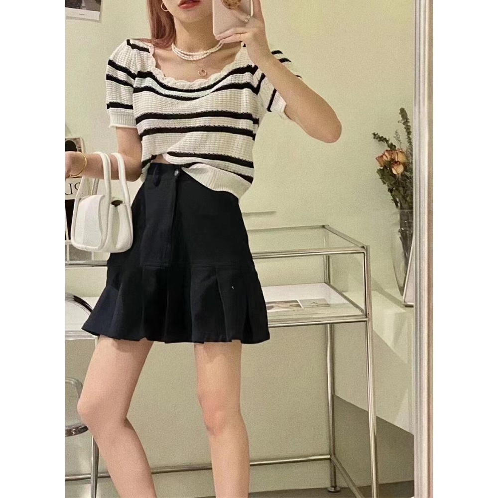 Áo thun ZHELIHANGFEI tay ngắn cổ vuông họa tiết kẻ sọc ngang dáng ôm dễ phối đồ