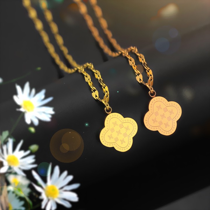 Dây chuyền nữ titan cao cấp kiểu lá me rớt mặt hoa 4 cánh siêu đẹp, bền màu ,chuẩn thời trang