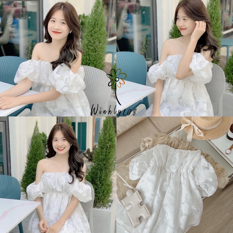 Áo trễ vai tay bồng hoa chìm siêu xinh - Áo trễ vai tiểu thư chun ngực hoa nổi dáng xòe