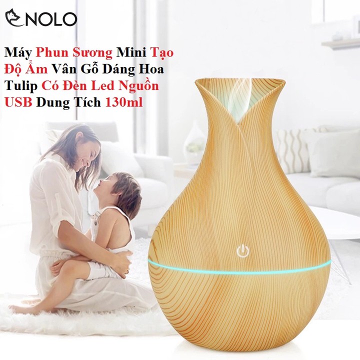 Máy Phun Sương Tạo Độ Ẩm Vân Gỗ Kiểu Dáng Hoa Tulip Có Đèn Led Nguồn USB Dung Tích 130ml