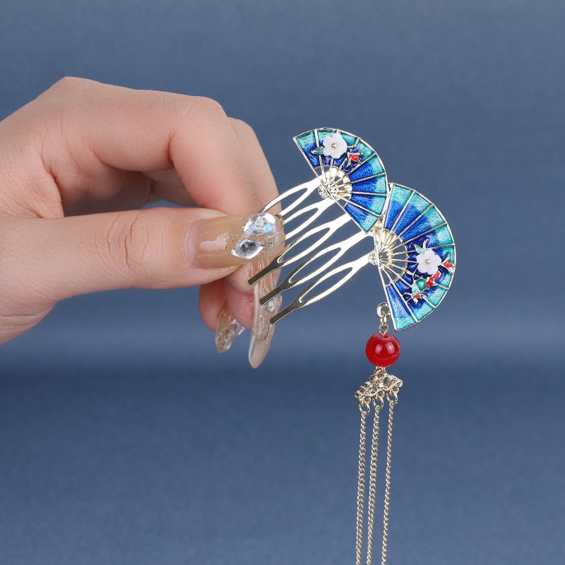 Lược Cài Tóc Hình Quạt Phối Tua Rua Phong Cách Retro