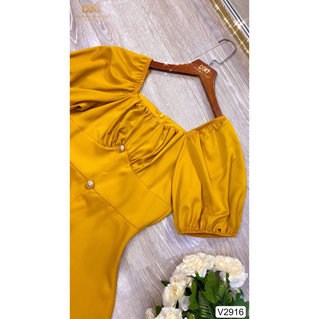 (KÈM ẢNH SÀN)VÁY VÀNG NHÚN NGỰC PHỐI CÚC XẺ TRƯỚC V2916 - DOLCE VIVA COLLECTION