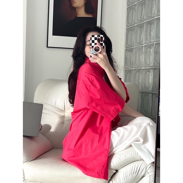 Áo Sơ Mi Nữ/ Váy Sơ Mi Tay Ngắn Dáng Rộng Hàn Quốc Trendy Màu Hồng Hot Pink Xanh Pastel - Minipie