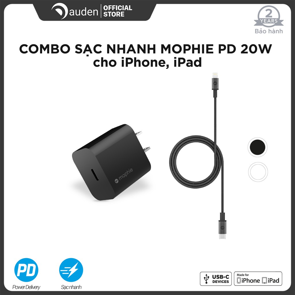 Combo sạc nhanh Mophie Power Delivery 20W USB-C - Cáp USB-C to lightning 1M cho iPhone/iPad - Dâu Đen Store