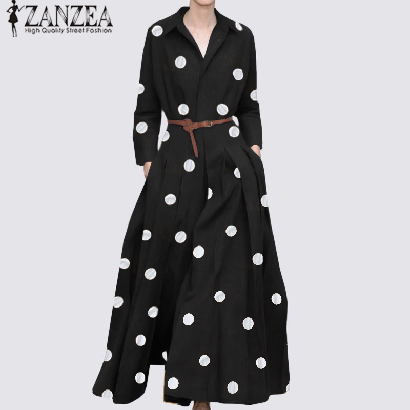 Đầm maxi ZANZEA xếp ly cổ bẻ họa tiết chấm bi dành cho nữ