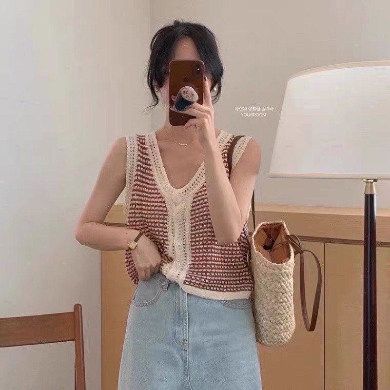 Áo len lưới kiểu sát nách phối viền siêu xinh