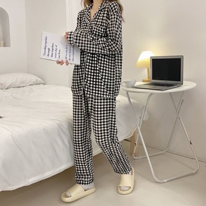 Bộ pijama chất đũi xốp kẻ ô tay dài quần dài siêu hot thu đông năm 2022