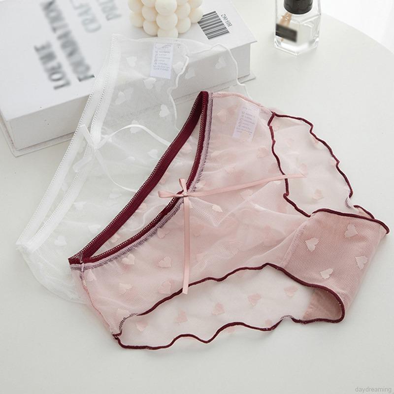 Quần lót cotton mỏng lưng vừa phối ren họa tiết trái tim dễ thương cho nữ