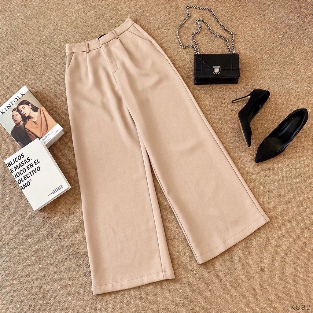 Quần tây nữ ống siêu rộng lưng cao, quần culottes cạp cao dáng dài chất vải dày 2 màu nude, đen NPQUAN025