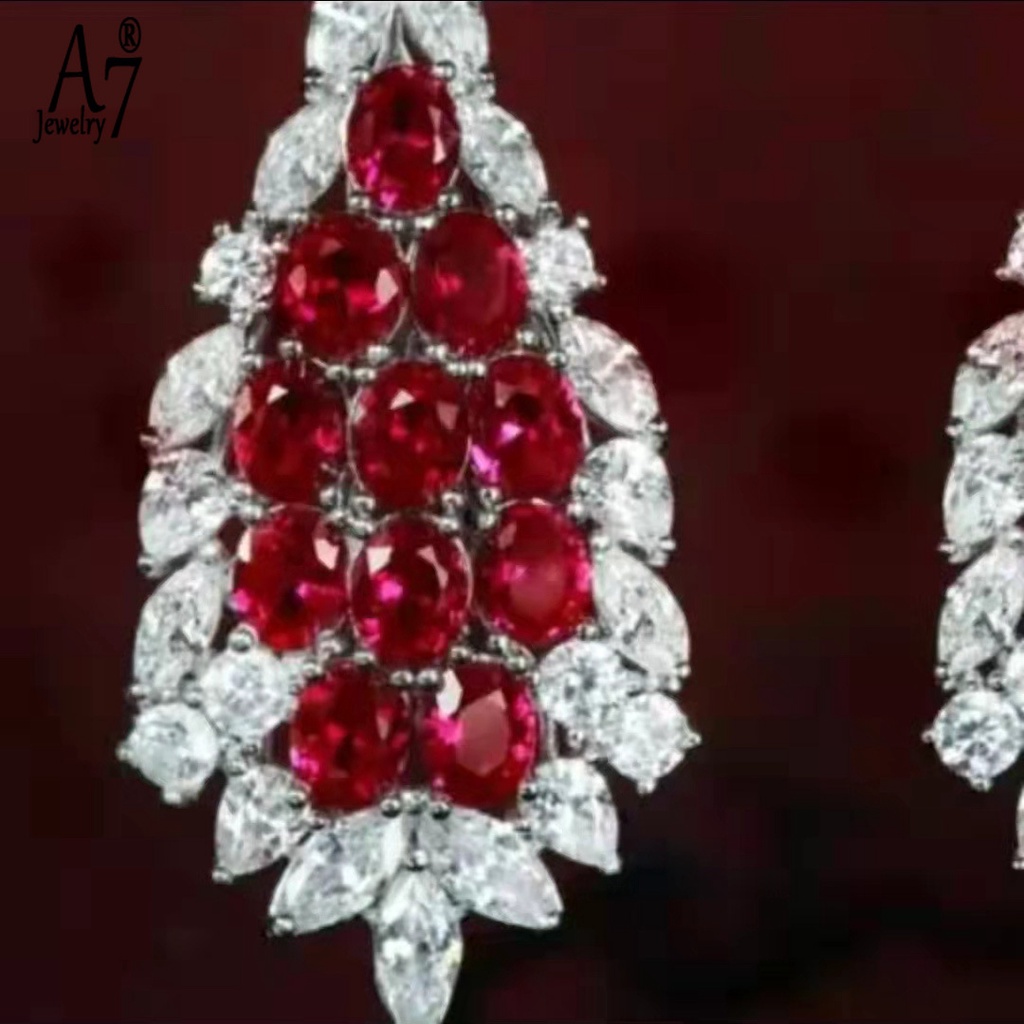 A7| Bông Tai Mạ Bạc 925 Bạch Kim Đính Kim Cương Giả Màu Đỏ Thời Trang Cho Nữ X4Y62