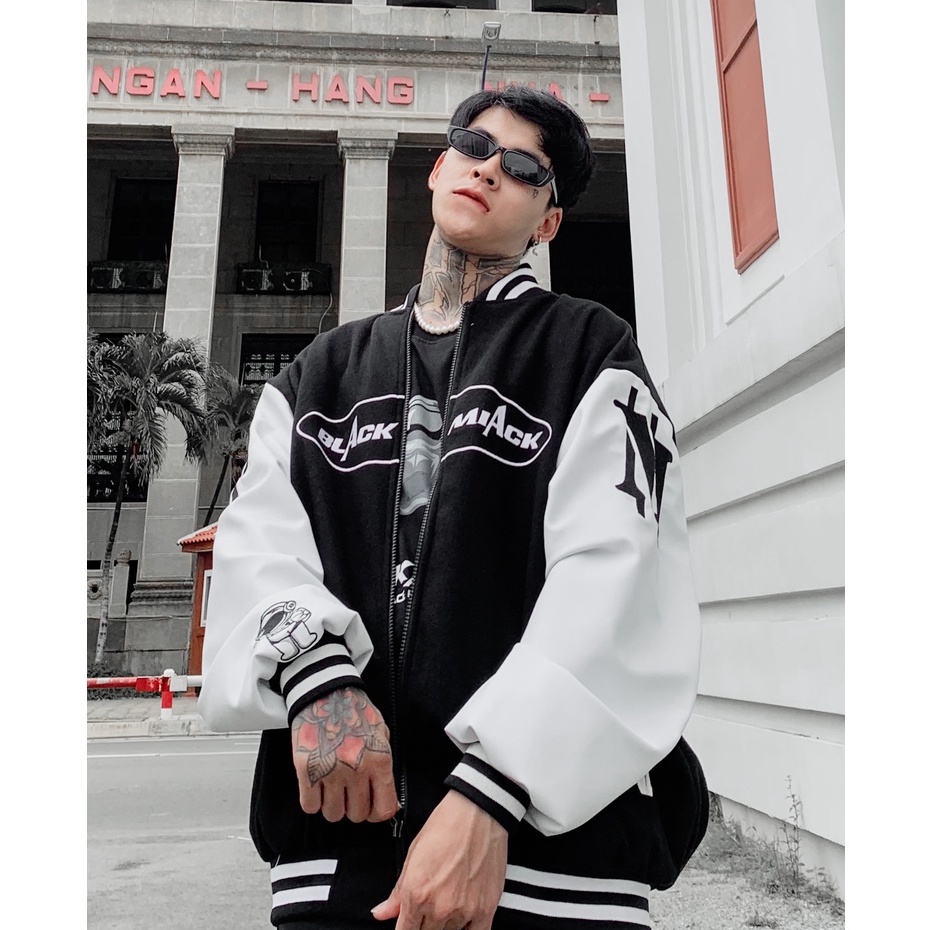 Áo Khoác Bomber Varsity Nỉ Dạ, tay Da, Full Thêu BLACKMIACK Varsity Jacket BM1
