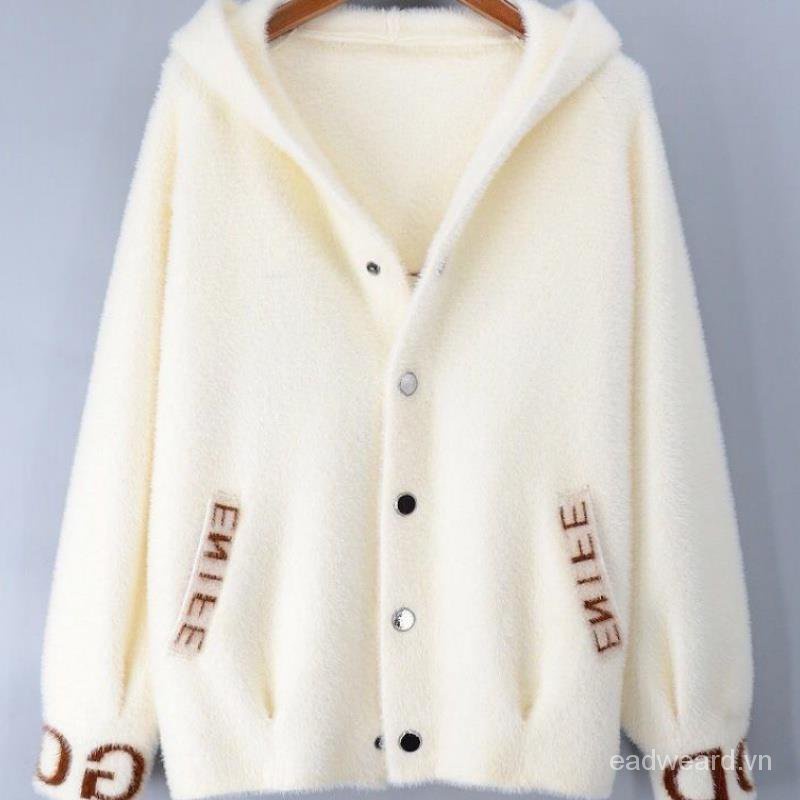 Áo khoác cardigan ngắn bằng vải lông chồn nhân tạo dày dặn dáng rộng tay dài có mũ thời trang thu đông dành cho nữ