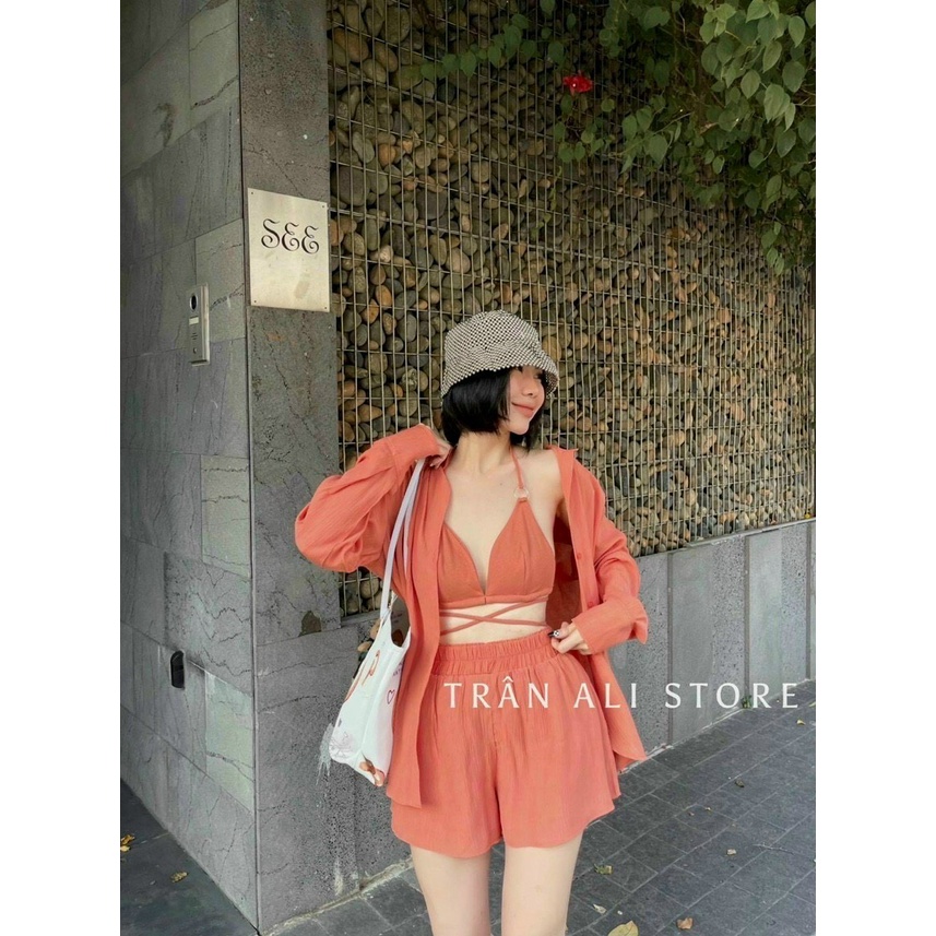 [8.8 Sales Freeship] Set bikini 3 món đi biển, áo bra 2 dây kèm khoác sơ mi ngoài quần đùi sexy dx