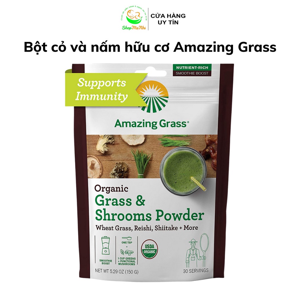 Hỗn hợp bột cỏ lúa mì hữu cơ và nấm Amazing Grass Shrooms Powder hỗ trợ tăng đề kháng.
