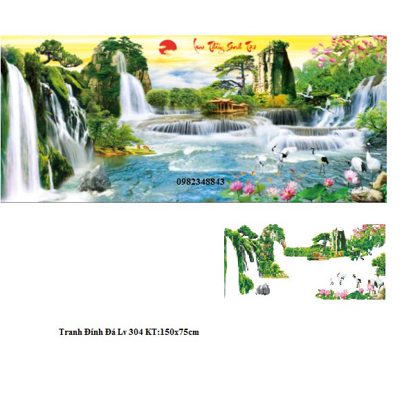 Tranh đính đá phong cảnh non nước hữu tình KT:150x75cm. Tranh gắn đá tự làm.