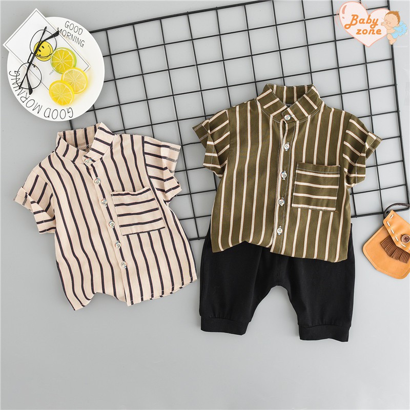 Set áo sơ mi kẻ sọc + quần ngắn thời trang cho bé trai