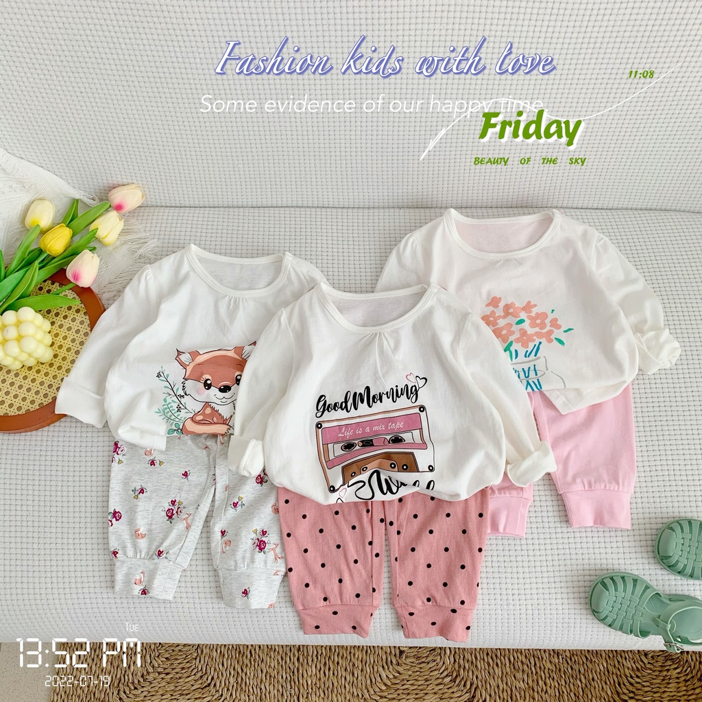 Bộ bé gái thu đông dài tay hoạ tiết xinh xắn cho bé, bộ cotton tay dài mềm, thoải mái bé gái