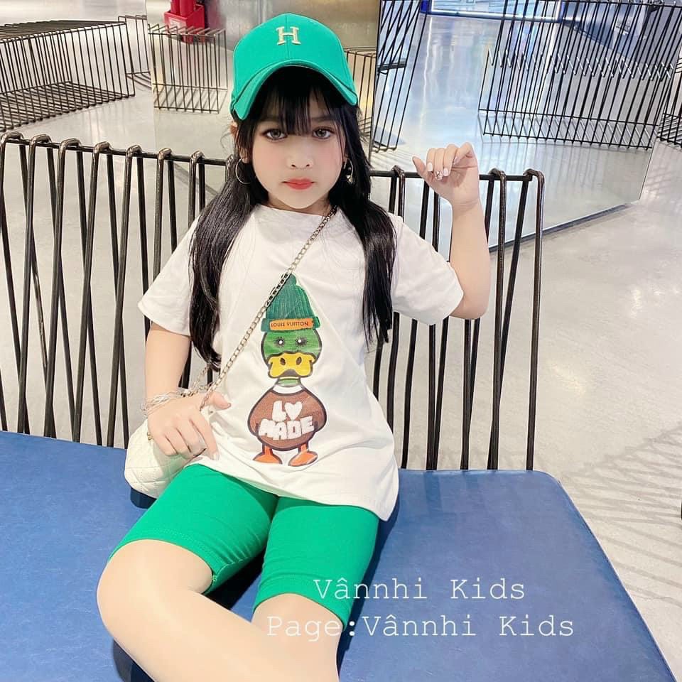 Bộ cộc tay bé gái, bộ áo hình chú vịt xanh dáng thụng kèm quần legging cho bé