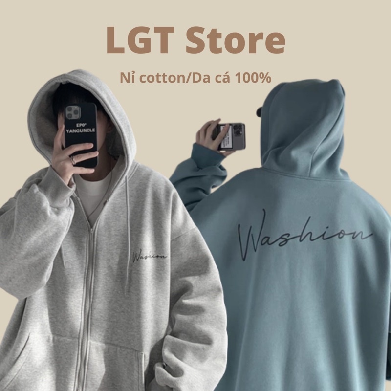 Áo khoác cotton  from rộng, chất vải nỉ cotton hai lớp có ảnh thật thêu chữ washion