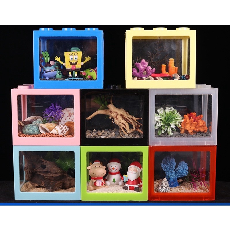 Hồ Cá Nhựa Mini Hình Khối Ghép Kèm Đèn trang trí tiểu cảnh terrarium - Tiểu cảnh thuỷ sinh