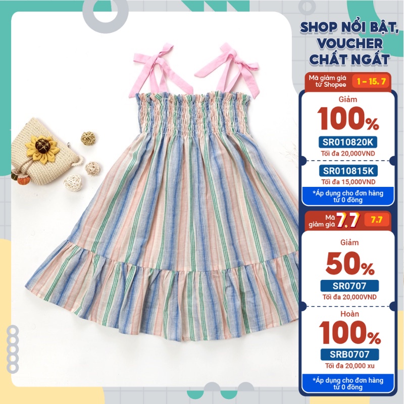 Váy cho bé gái, váy 2 Dây chun  Smocking ngang ngực, buộc nơ vai xinh xắn
