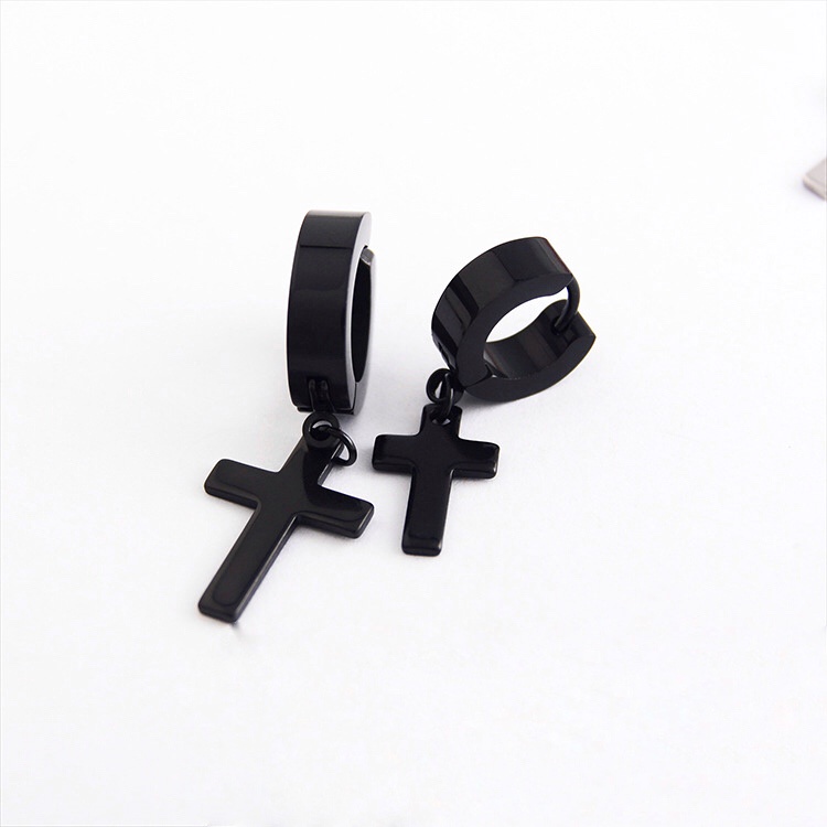 Khuyên tai tròn dạng xỏ nam nữ SAZ màu bạc đen đơn giản đẹp nhỏ xinh - HT Chữ thập