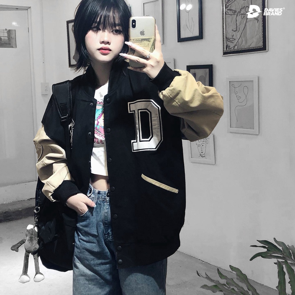 Áo khoác bomber bóng chày thêu chữ Davies Beige Varsity Baseball Academy Bomber| D19-AK1-B